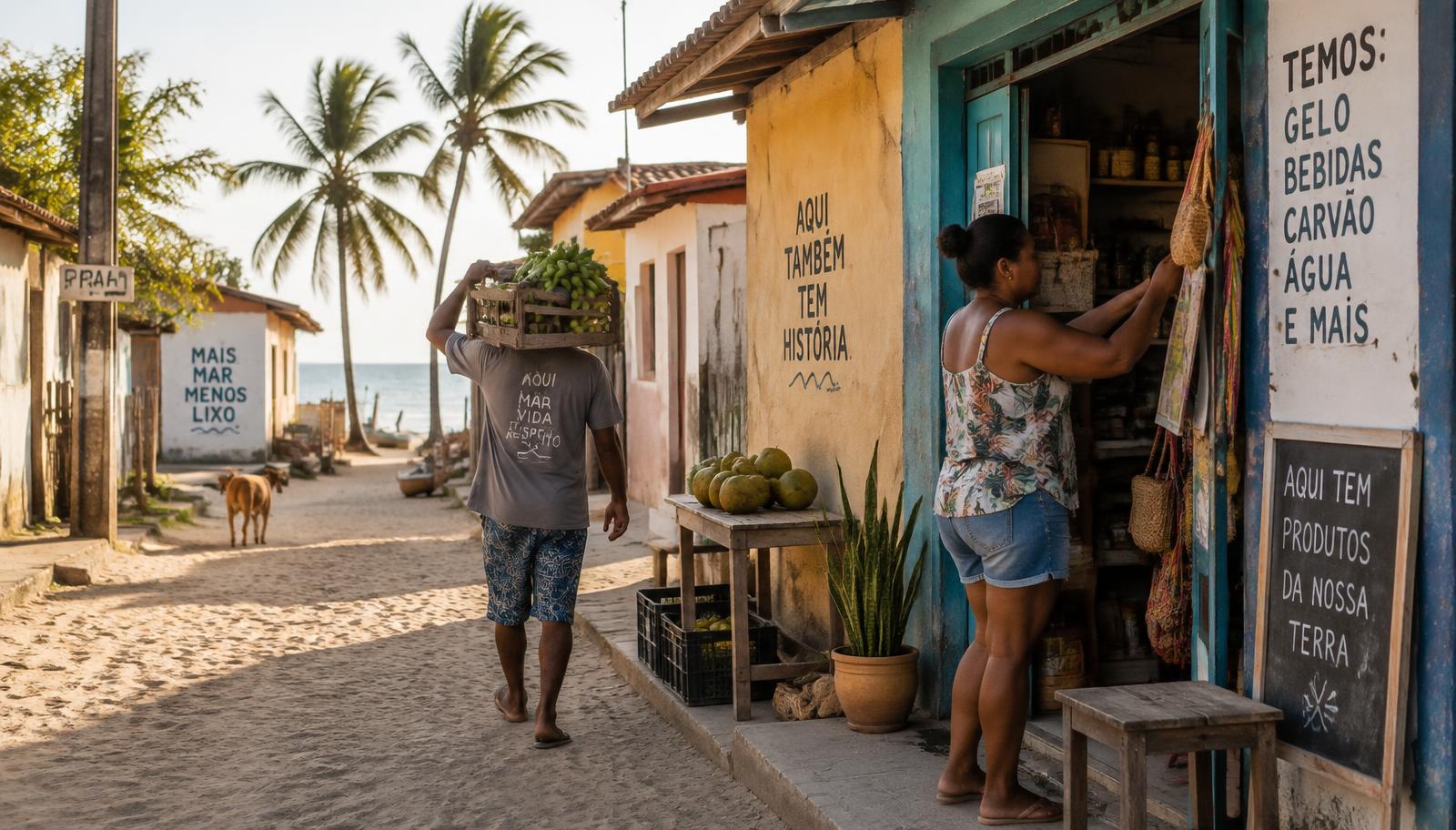Rua de comércio local no litoral, com uma comerciante abrindo sua loja