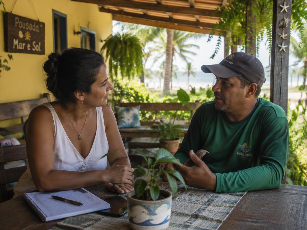 Dona de pousada conversando com um prestador de serviços na varanda